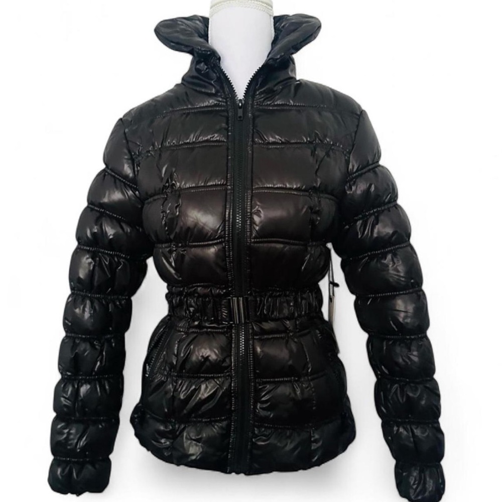 Women’s Black Puffer Jacket with Cinched Waist w Removable Belt